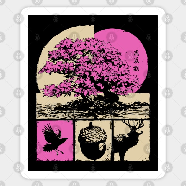 Japanese Nature - Sakura Bonsai and Forest Deer Sticker by TuncGK